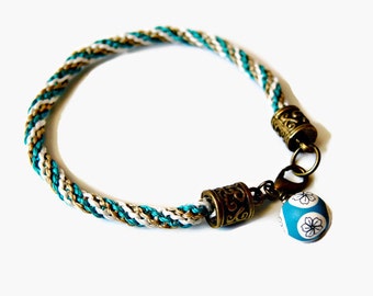 Twisted Macrame Bracelet - Micro Macrame - Teal, Khaki and White Bracelet - Artisan Polymer Clay Bead - Macrame Jewellery