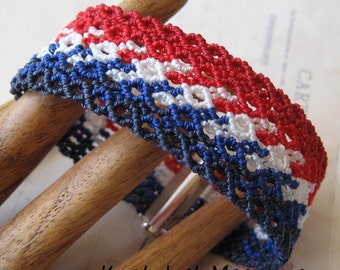 Patriotic Red White and Blue Micro Macrame Cuff Bracelet USA Flag