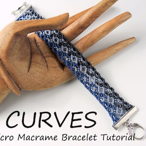 May include: A blue and silver micro macrame bracelet with a silver clasp. The bracelet is on a wooden hand model. The text "CURVES Micro Macrame Bracelet Tutorial" is below the bracelet.