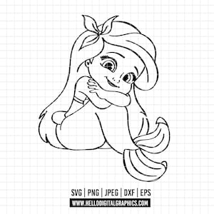 2653 - Princesa Ariel SVG, PNG, EPS - Vector de contorno de la princesa Ariel de Disney. La Sirenita en su infancia (dtf/clipart)