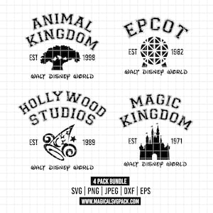 May include: A digital graphic bundle featuring four black logos for Walt Disney World parks: Animal Kingdom est 1998, Epcot est 1982, Hollywood Studios est 1989, and Magic Kingdom est 1971. The text 4 PACK BUNDLE SVG PNG JPEG DXF EPS is at the bottom.