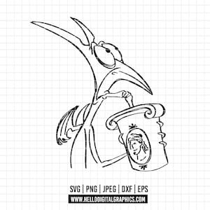 Könnte beinhalten: Eine Schwarzweiß-Zeichnung eines Comic-Charakters, der eine Schriftrolle mit einem Porträt einer Person darin hält. Der Charakter hat einen langen Schnabel und große Augen.