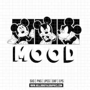 Op de afbeelding: Zwart-witte illustratie van Mickey Mouse in drie verschillende stemmingen. De tekst "MOOD" staat onder de afbeeldingen.