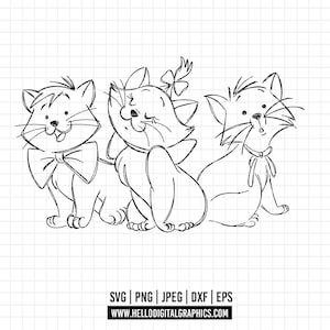 1852 - おしゃれキャット SVG、EPS、PNG - ディズニー クリップアート ベクター。おしゃれキャットの登場人物、マリー、トゥールーズ、ベルリオーズ。おしゃれキャットの冒険。