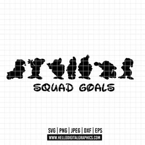 以下が含まれることがあります： ディズニー映画「白雪姫と七人の小人」の7人の小人の黒いシルエット。小人は一列に並んでおり、その下に「SQUAD GOALS」という文字が書かれています。