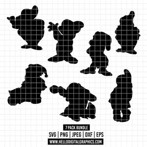 以下が含まれることがあります： 白雪姫の古典的なおとぎ話から、7つの黒いシルエットの画像。小人たちは、立っている、座っている、歩いているなど、さまざまなポーズをとっています。これらの画像は、クラフトプロジェクト、スクラップブッキング、デジタルデザインに最適です。