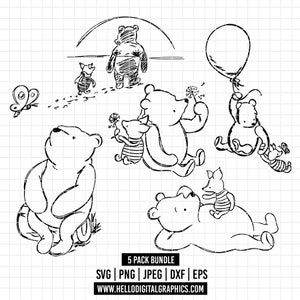1738 - Winnie the Pooh kultige Szenen Paket Bundle SVG, PNG, EPS - Abenteuer von Winnie the Pooh und Piglet Line Art / Outline Clipart Vektor