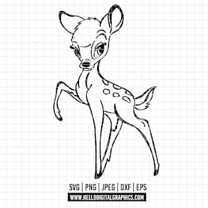 Puede incluir: Ilustración en blanco y negro de un ciervo, con ojos grandes y manchas. El ciervo está representado de pie sobre dos patas, con una levantada. La imagen incluye el texto "SVG | PNG | JPEG | DXF | EPS" y "WWW.HELLODIGITALGRAPHICS.COM".