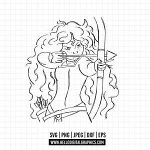 以下が含まれることがあります： 弓矢を持った、長い巻き毛の女性を描いた白黒の線画。彼女は長袖のシャツとベルトを着用しています。