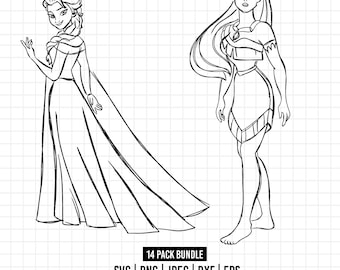 1673 - Classic Disneey Princess sketch pack bundle SVG, PNG, EPS - Princess outline clipart vector. Classic Disneyy Princess line art svg.