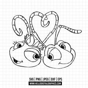 May include: Black and white line art of two cartoon insects with large eyes and smiling faces. Their antennae form a heart shape. The image includes file type icons and a website address at the bottom.
