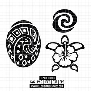 May include: Black and white graphic bundle featuring three Polynesian-inspired designs: a stylized shell, a spiral, and a hibiscus flower with a turtle shape. Includes file type information and website address.