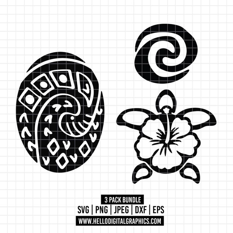 May include: Black and white graphic bundle featuring three Polynesian-inspired designs: a stylized shell, a spiral, and a hibiscus flower with a turtle shape. Includes file type information and website address.