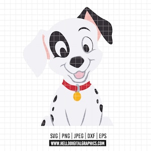 Könnte beinhalten: Ein Dalmatiner-Welpe aus einem Cartoon mit schwarzen Flecken, einem roten Halsband mit einem goldenen Anhänger und einem fröhlichen Gesichtsausdruck. Der Welpe schaut nach rechts.