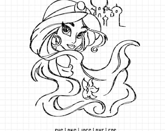 3421 - Princesa Jasmine con el castillo detrás de ella SVG, PNG, EPS - Dibujo vectorial de la princesa Jasmine. Dibujo lineal de Jasmine. Princesa Disney.