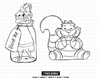 1810 - Alicee in wonderland SVG, EPS, PNG - outline/ clipart vector. Cheshire cat and Alice svg cut files. drink Me bottle and Cheshire cat.