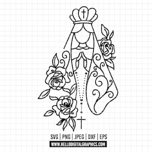 1720 - Virgen María con rosas SVG, EPS, PNG- Virgen esquema clipart vector/line art svg. Virgen y rosario católico floral. religión clipart
