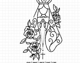 1720 - Virgin Mary with roses SVG, EPS, PNG- Virgin outline clipart vector/ line art svg. Virgin and Rosary catolic Floral. religion clipart