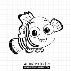 Può includere: Illustrazione a cartone animato in bianco e nero di un pesce sorridente con grandi occhi e pinne a strisce. L'immagine include il testo "SVG | PNG | JPEG | DXF | EPS" e l'indirizzo del sito web "www.hellodigitalgraphics.com".