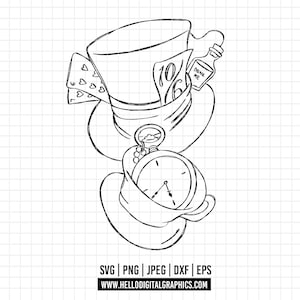 May include: Black and white line art illustration featuring elements from Alice in Wonderland. Includes a top hat with a 10/6 tag, a pocket watch, a bottle labeled "Drink Me", and playing cards.
