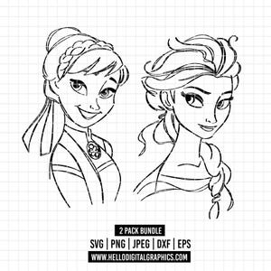 3371 - Princess Anna and Elsa SVG,PNG,EPS - Disneyy Princess Frozen sketch clipart vector. Frozen Lineart. Iconic Disneey sisters. Elsa svg.