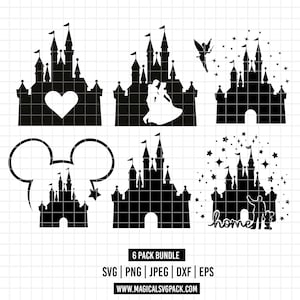 May include: A collection of six black silhouette designs on a white grid background. The graphics feature various castle shapes, a heart, a dancing couple, a fairy, mouse ears, stars, and the text "home". Below is the text "6 PACK BUNDLE SVG | PNG | JPEG | DXF | EPS WWW.MAGICALSVGPACK.COM".
