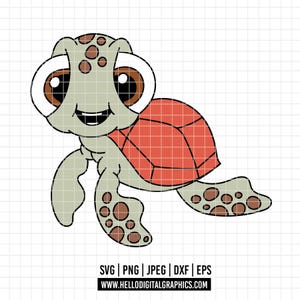 May include: A cartoon illustration of a smiling sea turtle with large brown eyes, a red shell, and light green skin. The turtle has brown spots on its head, flippers, and feet. The image includes the text "SVG | PNG | JPEG | DXF | EPS" and the website address.