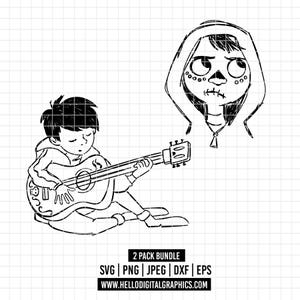 May include: Black and white line art illustration of a character playing a guitar and a character with a skull face. The text "2 Pack Bundle" is below the image. The text "SVG | PNG | JPEG | DXF | EPS" is below the text "2 Pack Bundle". The text "WWW.HELLODIGITALGRAPHICS.COM" is below the text "SVG | PNG | JPEG | DXF | EPS".