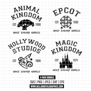 May include: Black and white graphic design set of four Disney World park logos. The logos include Animal Kingdom, Epcot, Hollywood Studios, and Magic Kingdom. Each logo includes the park name, the year it was established, and the text "Walt Disney World".