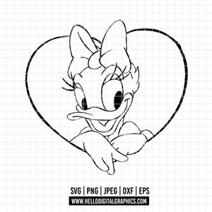 2049 - デイジーダックの白黒線画 SVG、EPS、PNG - マジックキングダムのディズニーキャラクターのクリップアートベクター。デイジーラブ