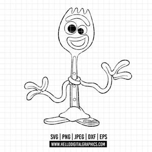 May include: A black and white line drawing of a cartoon character that resembles a fork with a smiling face and arms. The character is standing with one arm raised and the other arm bent at the elbow.