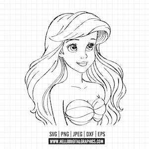 3432 - Princess Little mermaid SVG, PNG, EPS - Disneyy Princess ariel clipart vector svg. Little mermaid dtf. Princess Disney Ariel outline.
