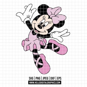 May include: A cartoon illustration of Minnie Mouse in a ballet outfit. Minnie is wearing a pink tutu, ballet shoes, and a bow. Her black body is outlined in black, with white gloves and a smiling face. The image includes file type information.
