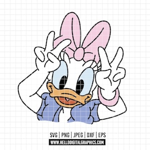 May include: Daisy Duck cartoon graphic with a pink bow, blue eyes, and a peace sign gesture. The image includes the file type options: SVG, PNG, JPEG, DXF, and EPS, along with the website address: HELLODIGITALGRAPHICS.COM.