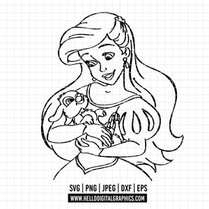 2652 - Prinzessin Ariel, Abenteuer aus dem Meer SVG, PNG, EPS - Ariel und ihr Freund der Hase Umriss Clipart Vektor. Die kleine Meerjungfrau jpg.