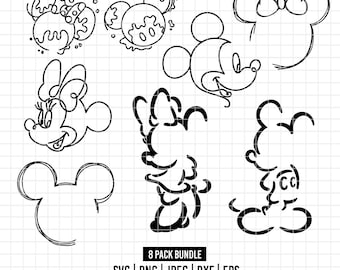1822 - Mickeey and minnie Mouse silhouette pack bundle SVG, EPS, PNG. Disneyy characters Outline clipart vector. Mickeyy and Miniee svg