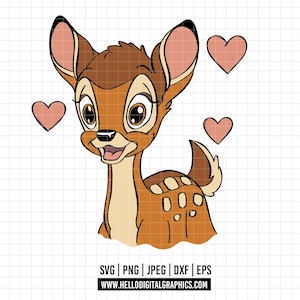 Peut inclure: Une illustration de dessin animé d'un cerf brun et blanc avec de grands yeux bruns et un nez rose. Le cerf est entouré de cœurs roses.