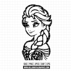 May include: Black and white line art illustration of a cartoon character with long hair, wearing a dress. The character is looking to the right. The image is on a white background.