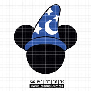 Könnte beinhalten: Eine schwarz-weiße Silhouette von Mickey Mouse, der einen blauen Zaubererhut mit weißen Sternen und einem Halbmond trägt.