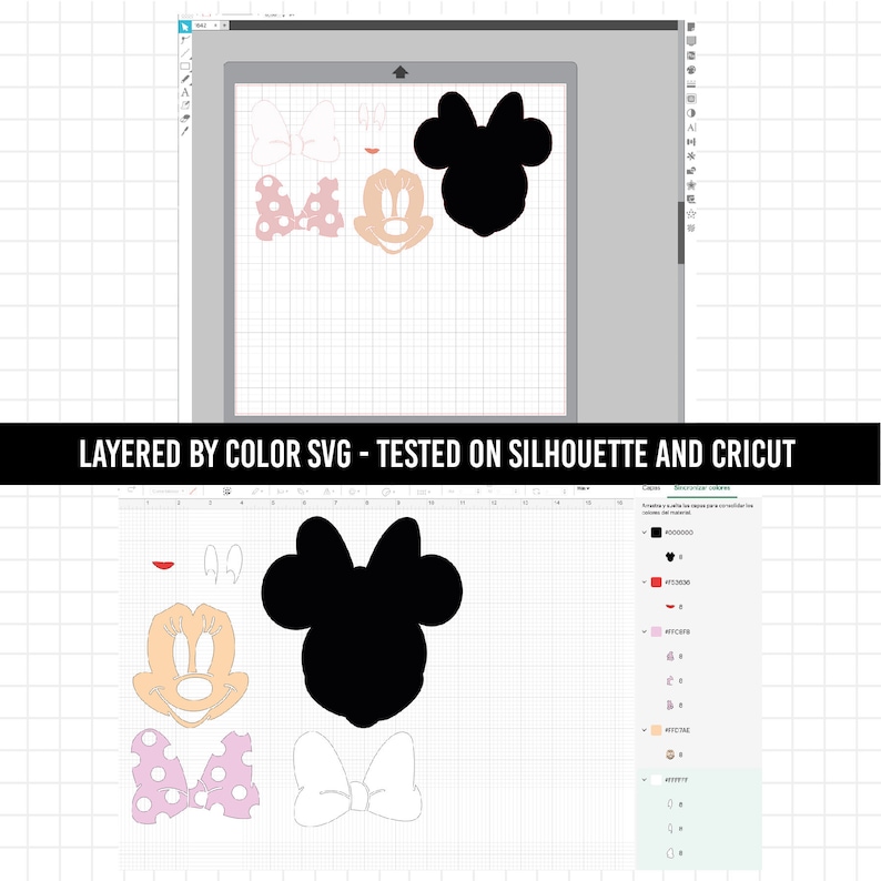 Peut inclure: Un design SVG en couches d'une souris de dessin anim&eacute; avec un n&oelig;ud rose, des oreilles noires et un visage p&ecirc;che. Le design est s&eacute;par&eacute; en couches pour une d&eacute;coupe facile avec une machine Cricut ou Silhouette.