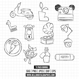 May include: A set of 11 black and white line drawings of various objects, including a scooter, a potted plant, a camera, a llama, a door, a record player, a lamp, a lightning bolt, a character, a bottle, and a battery. The drawings are in a simple, cartoonish style.
