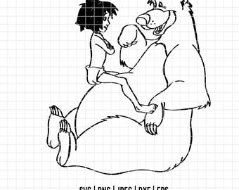 3454 - Mowgli and Baloo silhouette SVG, EPS, PNG - Classic disney characters clipart vector svg. The Jungle Book line art. The Jungle Book.