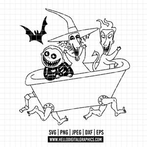 Pode incluir: Ilustração a preto e branco de três personagens numa banheira, com um morcego a voar por cima. As personagens incluem uma figura esquelética, uma bruxa e um diabo. A banheira tem pernas presas. O texto na parte inferior diz "SVG | PNG | JPEG | DXF | EPS".