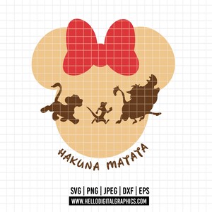 May include: A tan Mickey Mouse silhouette with a red bow. The silhouette has the words "Hakuna Matata" written underneath. There are four brown silhouettes of animals from the Lion King movie inside the Mickey Mouse silhouette.