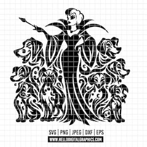 Könnte beinhalten: Schwarz-weiße Silhouette einer Frau mit spitzen Hut und langem, fließendem Kleid, umgeben von einer Gruppe von Hunden. Die Frau hält einen Stab in ihrer rechten Hand. Das Bild ist ein stilisiertes Design mit filigranen Details.