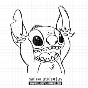 Può includere: Illustrazione in bianco e nero di un personaggio dei cartoni animati con occhi grandi, una bocca larga e due braccia alzate. Il personaggio è conosciuto come Stitch dal film Disney Lilo & Stitch.