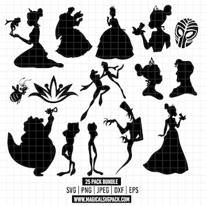 May include: A collection of black silhouettes featuring various characters and icons, including figures in gowns, frogs, and a mask. The text at the bottom reads 25 PACK BUNDLE SVG | PNG | JPEG | DXF | EPS WWW.MAGICALSVGPACK.COM on a grid background.