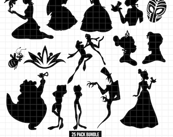 Può includere: Una collezione di sagome nere con vari personaggi e icone, tra cui figure in abito, rane e una maschera. Il testo in basso recita 25 PACK BUNDLE SVG | PNG | JPEG | DXF | EPS WWW.MAGICALSVGPACK.COM su uno sfondo a griglia.