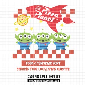 May include: Three green alien characters from the Toy Story franchise stand in front of a red rocket with the words "Pizza Planet" on it. The rocket is flying over a checkered pattern. The text "FOOD & FUN SPACE PORT SERVING YOUR LOCAL STAR CLUSTER" is below the characters.