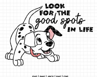 Może przedstawiać: Czarno-biała ilustracja szczeniaka dalmatyńczyka z tekstem "LOOK FOR THE good spots IN LIFE".